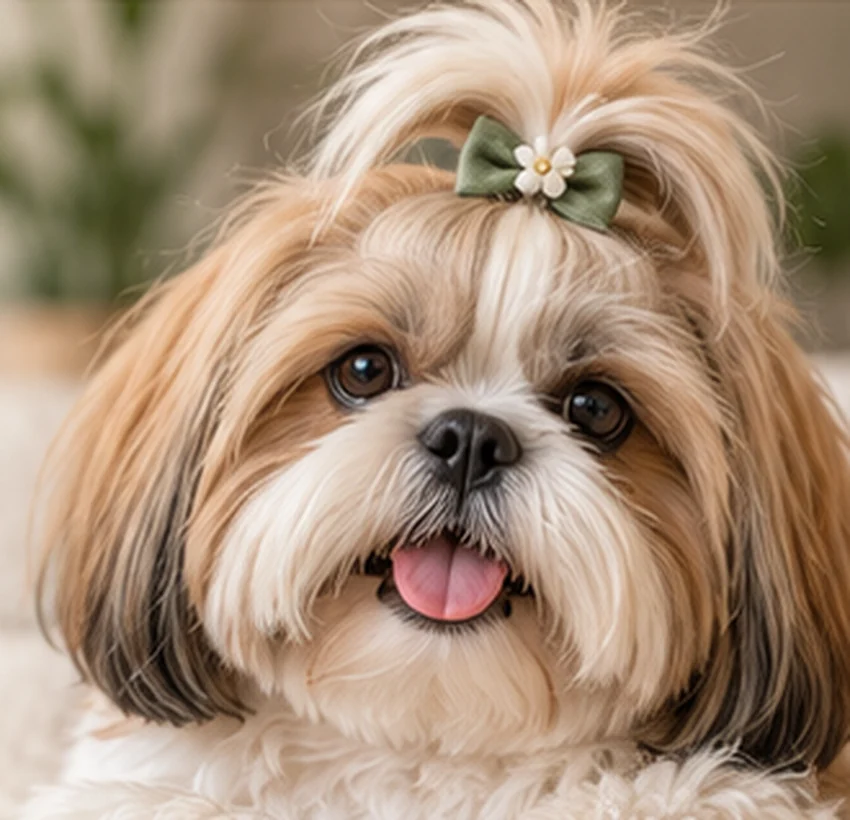 Uśmiechnięty Shih Tzu z kokardką
